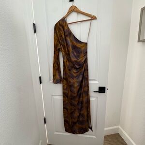 Zara One Shoulder Dress in Brown and Gold